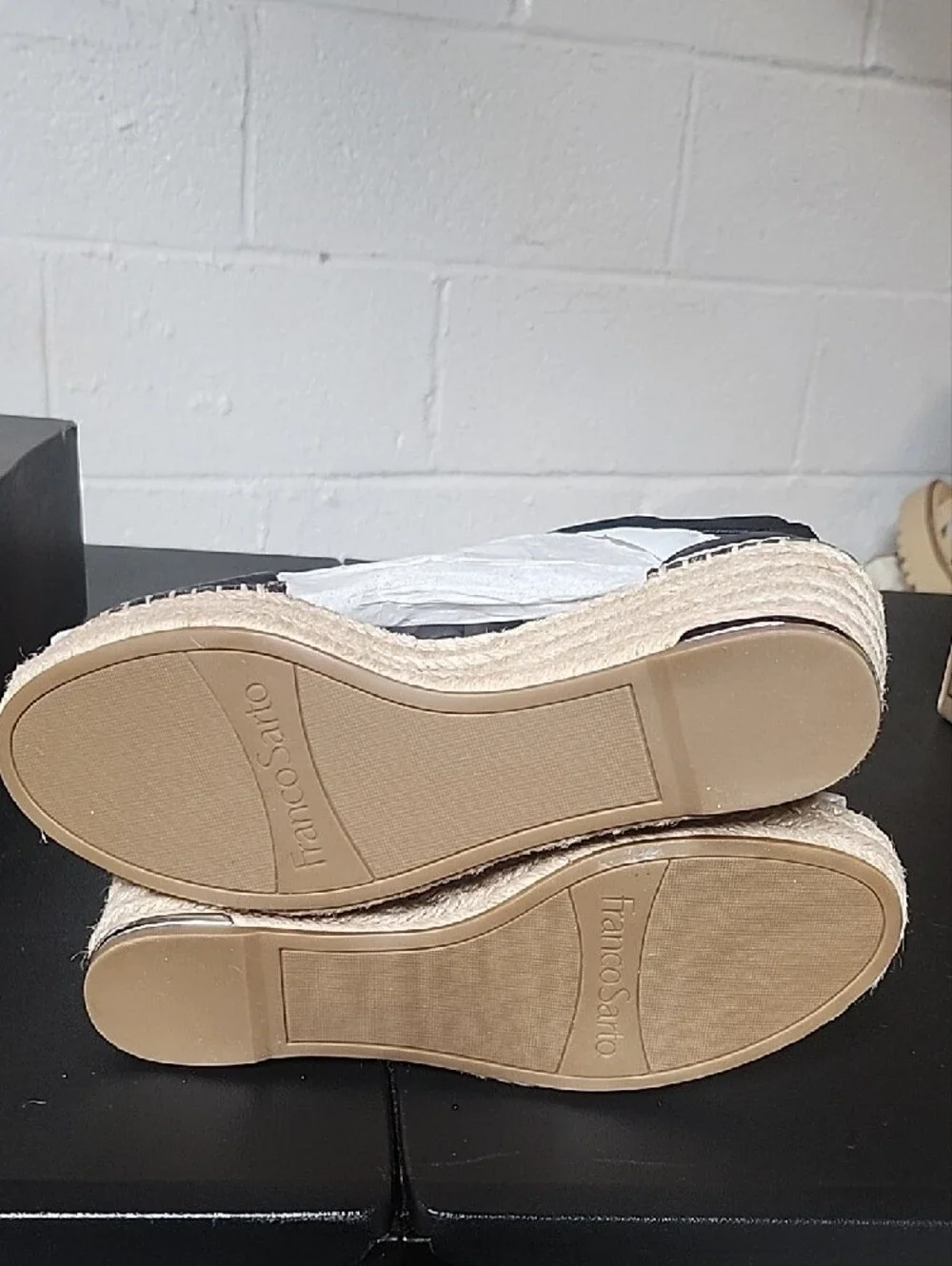 Franco Sarto Black and Natural Espadrille Wedge Clemens